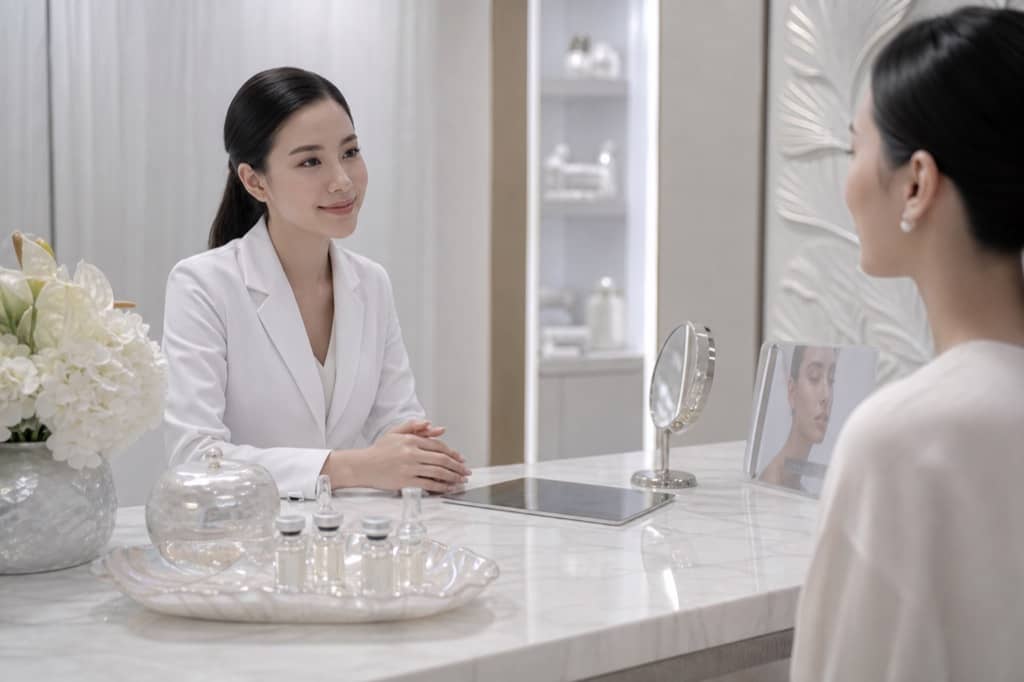 Calm consultation desk with skin-care vials on an ivory-toned clinical tray, no graphic acne imagery