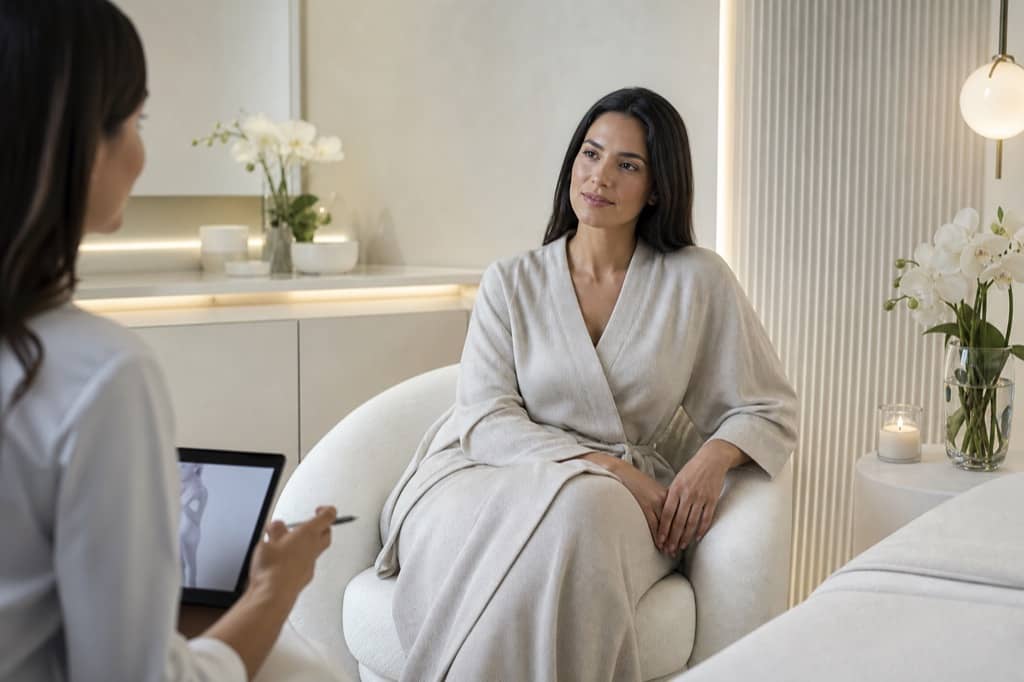 Discreet body wellness consultation with adult woman in modest robe in a private clinic lounge