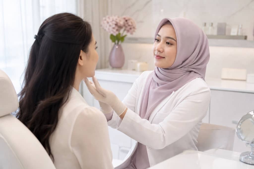 Adult woman in calm consultation mood for dull skin and hydration glow, soft pearlescent light
