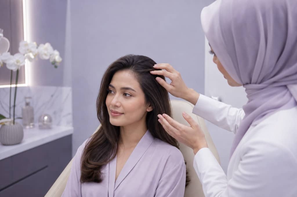 Calm hair and scalp wellness consultation with clinician gesturing near a clean hair partition