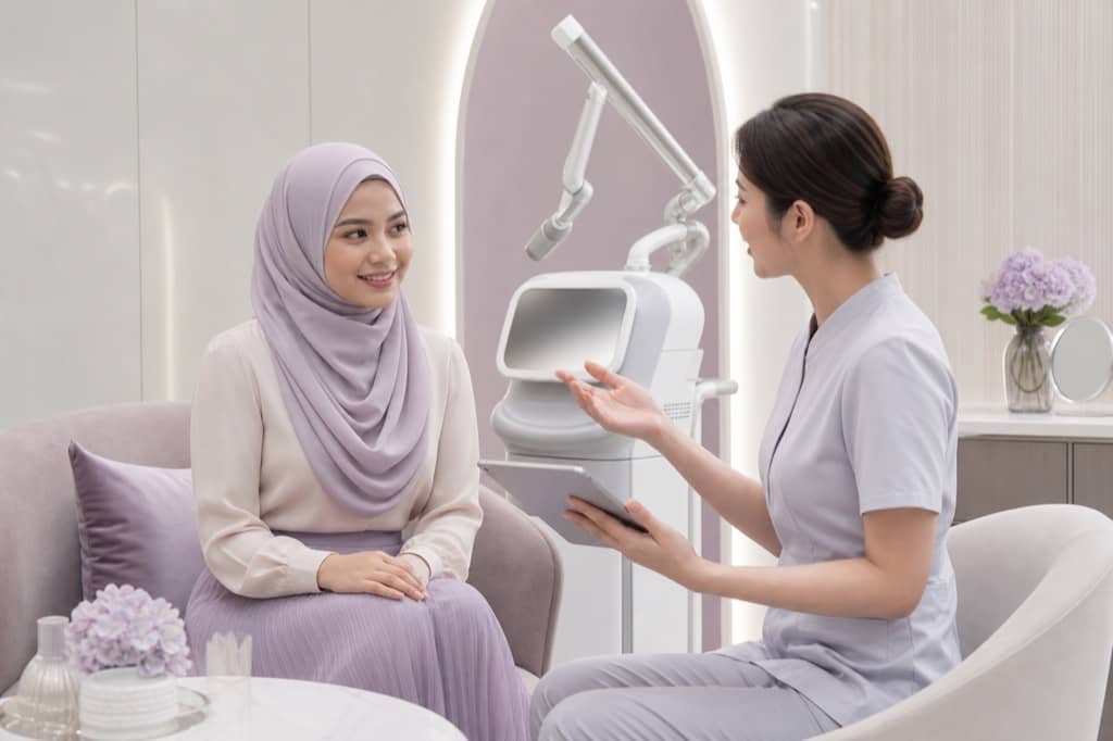 Laser hair removal consultation room with elegant device silhouette, no procedure on skin