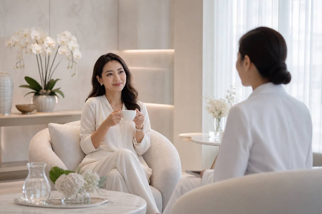 Wellness fatigue recovery consultation lounge with adult woman resting with tea in a serene clinic