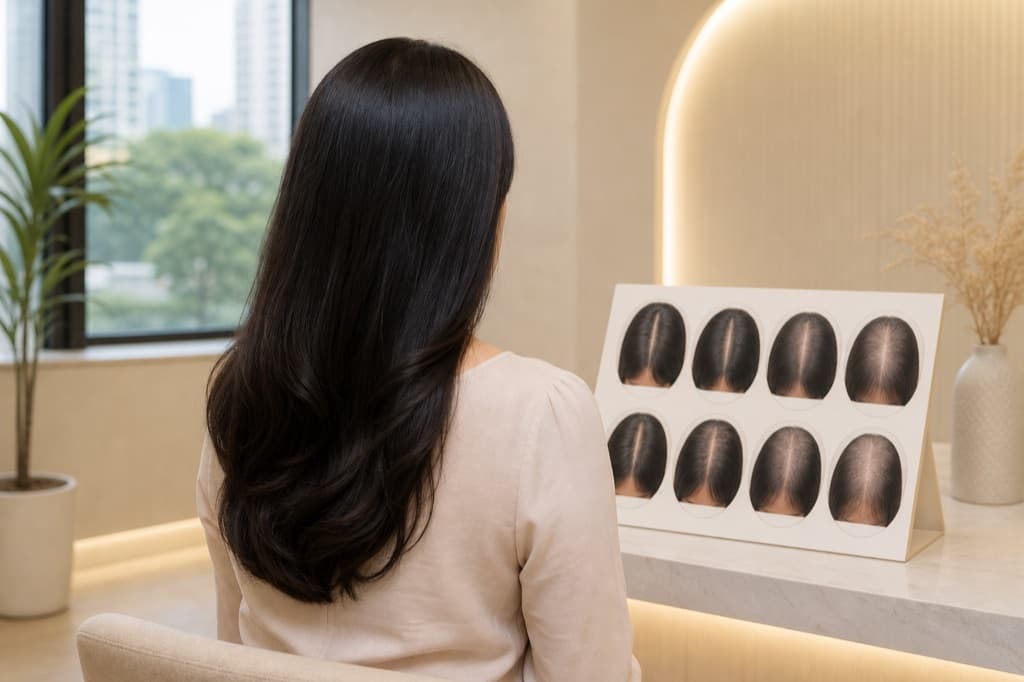 Imej editorial selamat jenama untuk Punca Rambut Menipis Wanita: gaya visual pelbagai, suasana klinikal ivory sejuk, tiada teks boleh dibaca