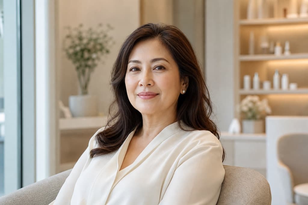 Imej editorial selamat jenama untuk Menopause, Kulit & Wellness: gaya visual pelbagai, suasana klinikal ivory sejuk, tiada teks boleh dibaca