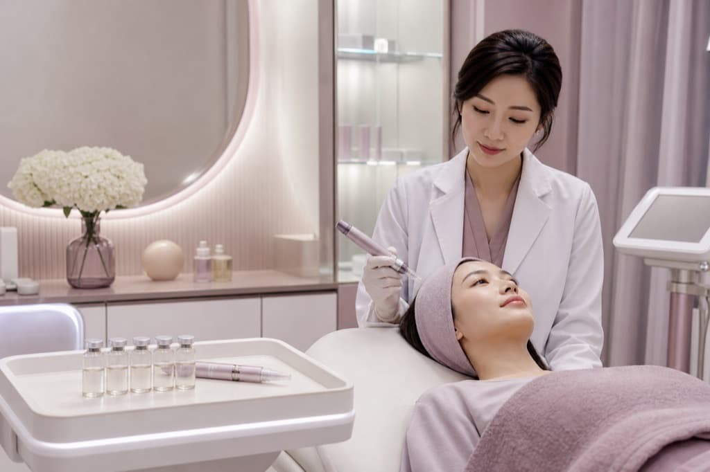 Imej editorial selamat jenama untuk Panduan Meso BB Glow: gaya visual pelbagai, suasana klinikal ivory sejuk, tiada teks boleh dibaca