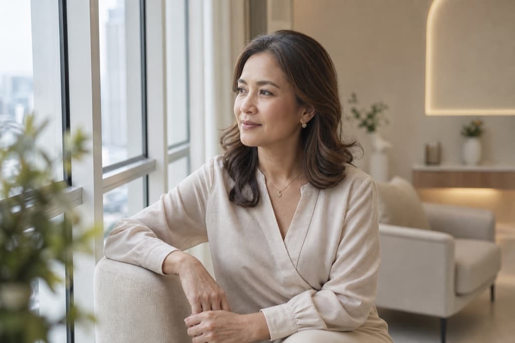 Imej editorial selamat jenama untuk Panduan Kulit Perimenopause: gaya visual pelbagai, suasana klinikal ivory sejuk, tiada teks boleh dibaca