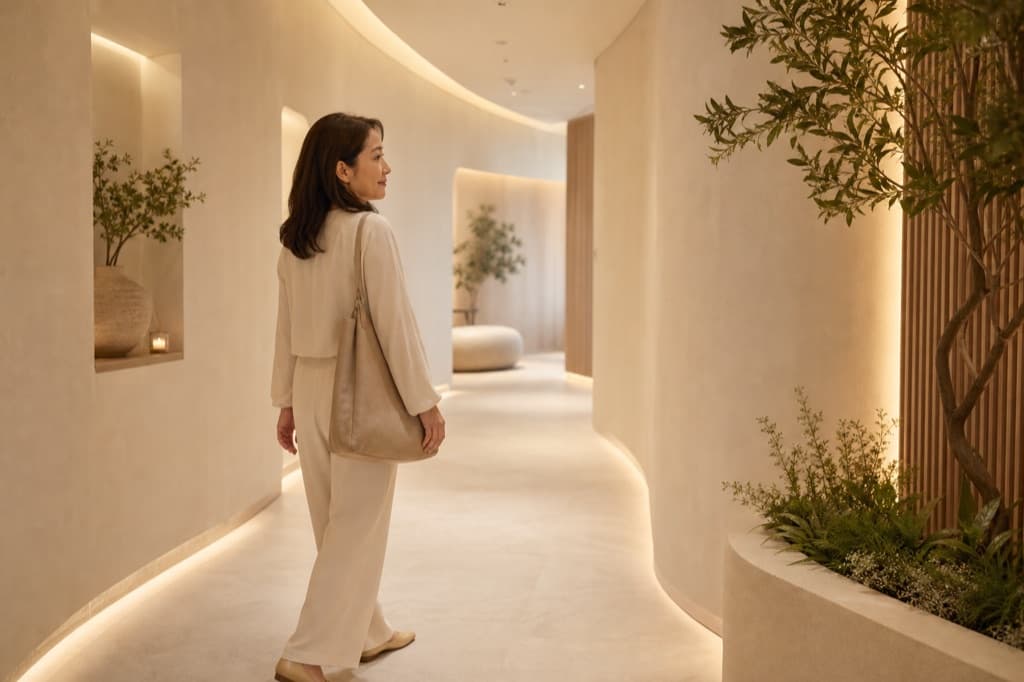 Imej editorial selamat jenama untuk Wellness Perimenopause & Menopause: gaya visual pelbagai, suasana klinikal ivory sejuk, tiada teks boleh dibaca