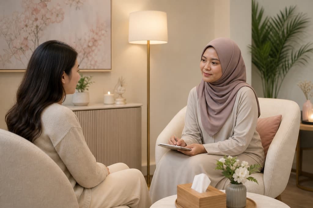 Imej editorial selamat jenama untuk Panduan Sokongan Vaginismus: gaya visual pelbagai, suasana klinikal ivory sejuk, tiada teks boleh dibaca