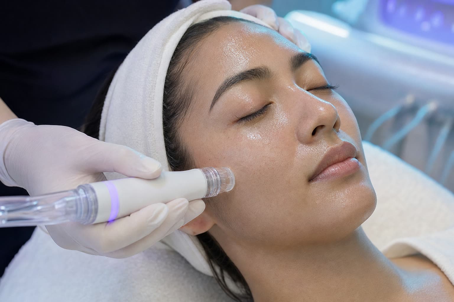 Ivory-toned clinical tray with an unbranded hydro-dermabrasion handpiece for Aquapeel Facial planning