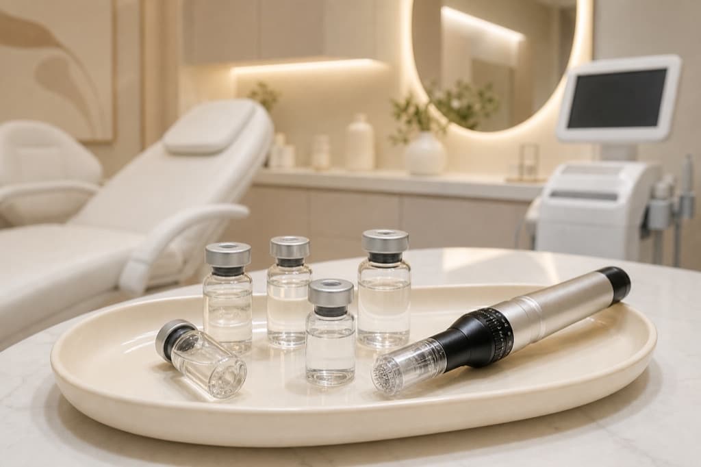 Unbranded treatment planning visual for Hydro Skin Booster: cool ivory clinical editorial, no readable text
