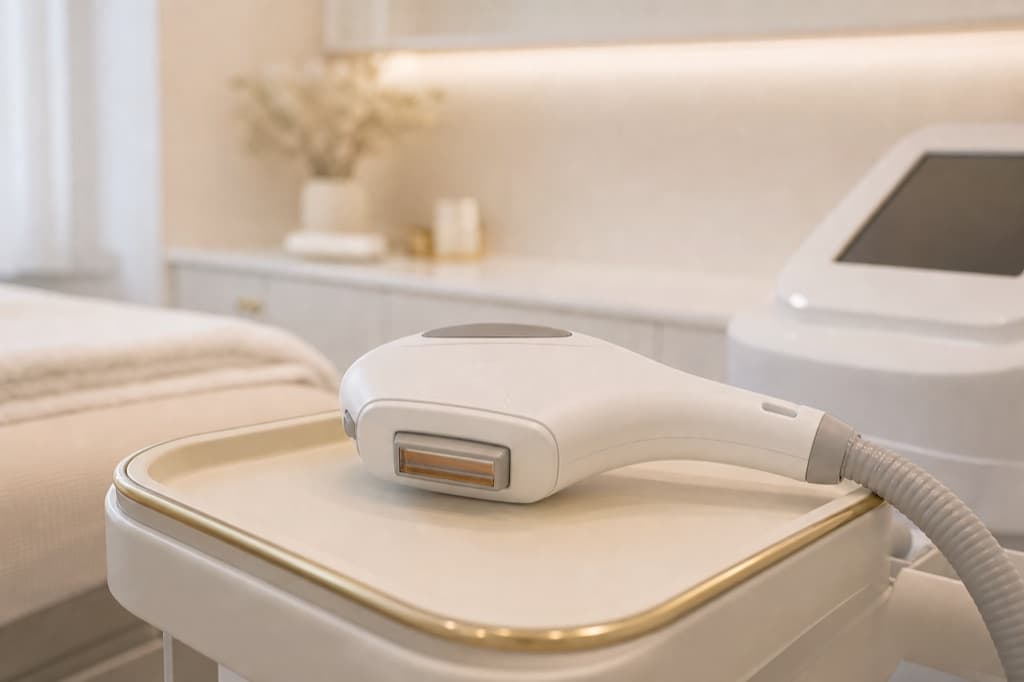 Unbranded treatment planning visual for IPL Hair Removal: cool ivory clinical editorial, no readable text