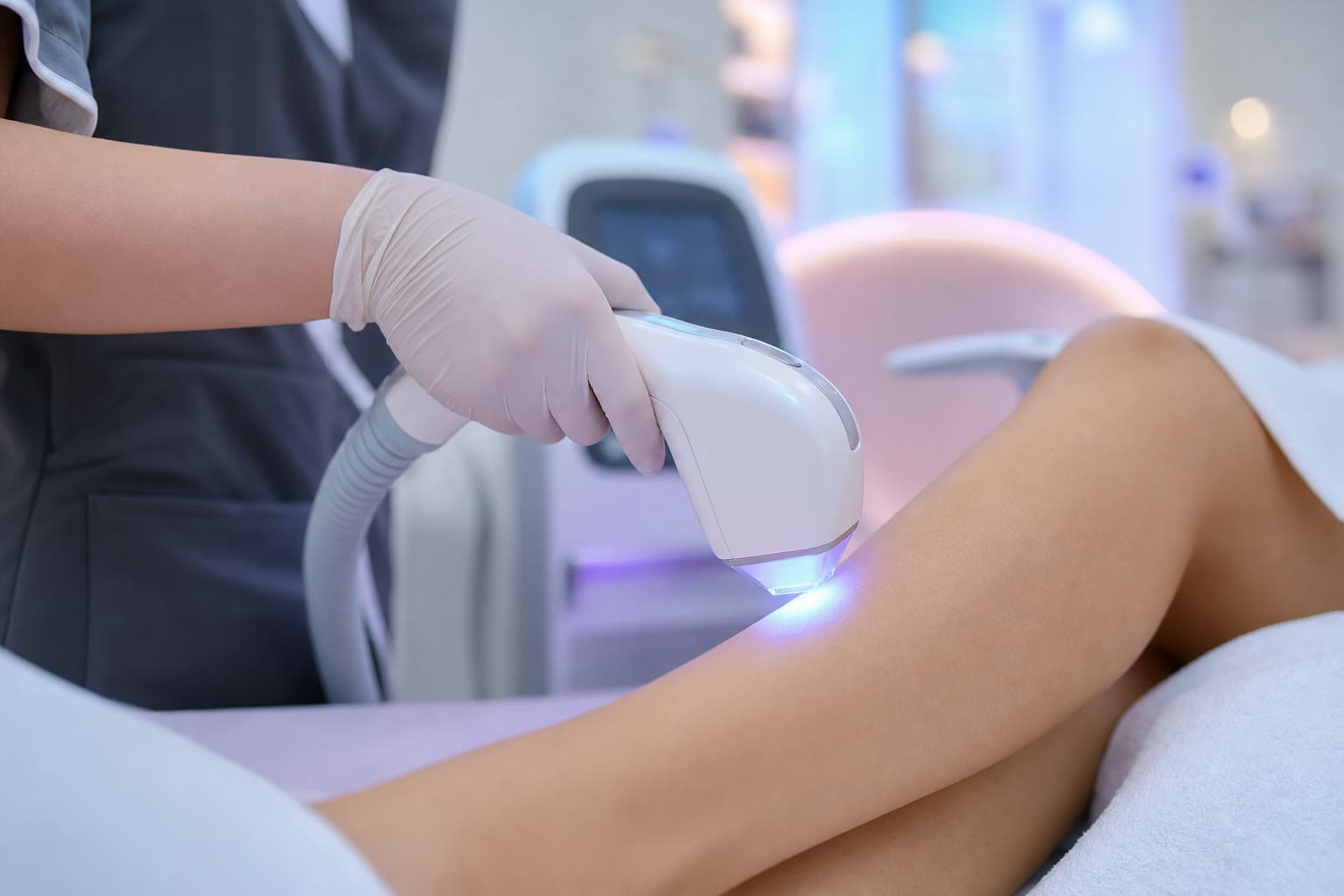 Modern laser handpiece over smooth skin in a clean treatment setting
