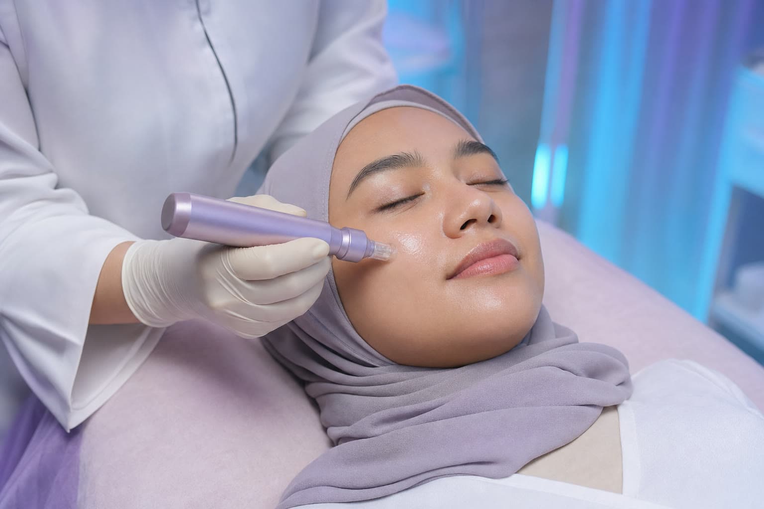 Cordless microneedling pen gliding across luminous cheek skin