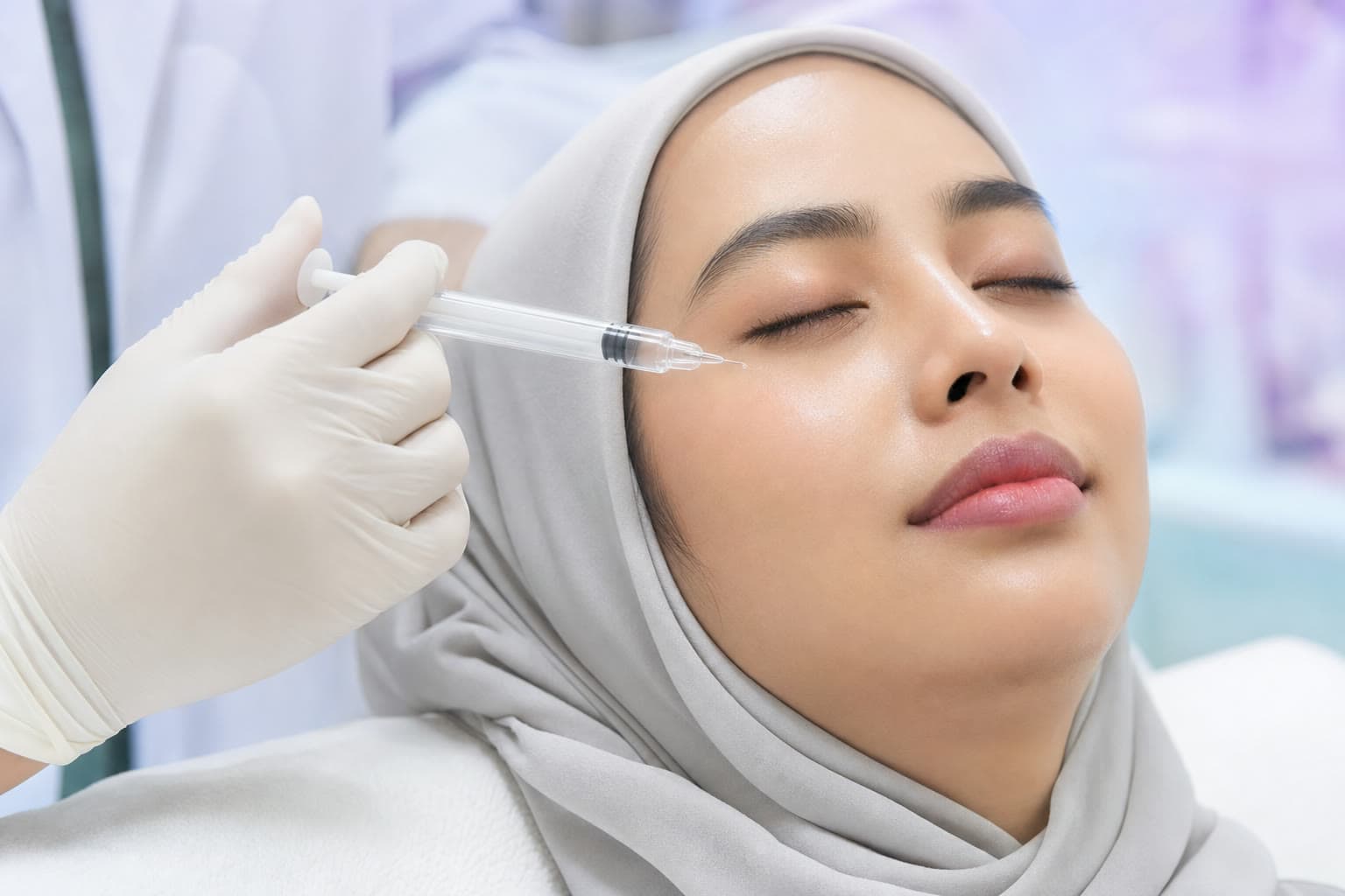 Doctor-led skin booster consultation: a fine aesthetic syringe prepared near a patient's cheek
