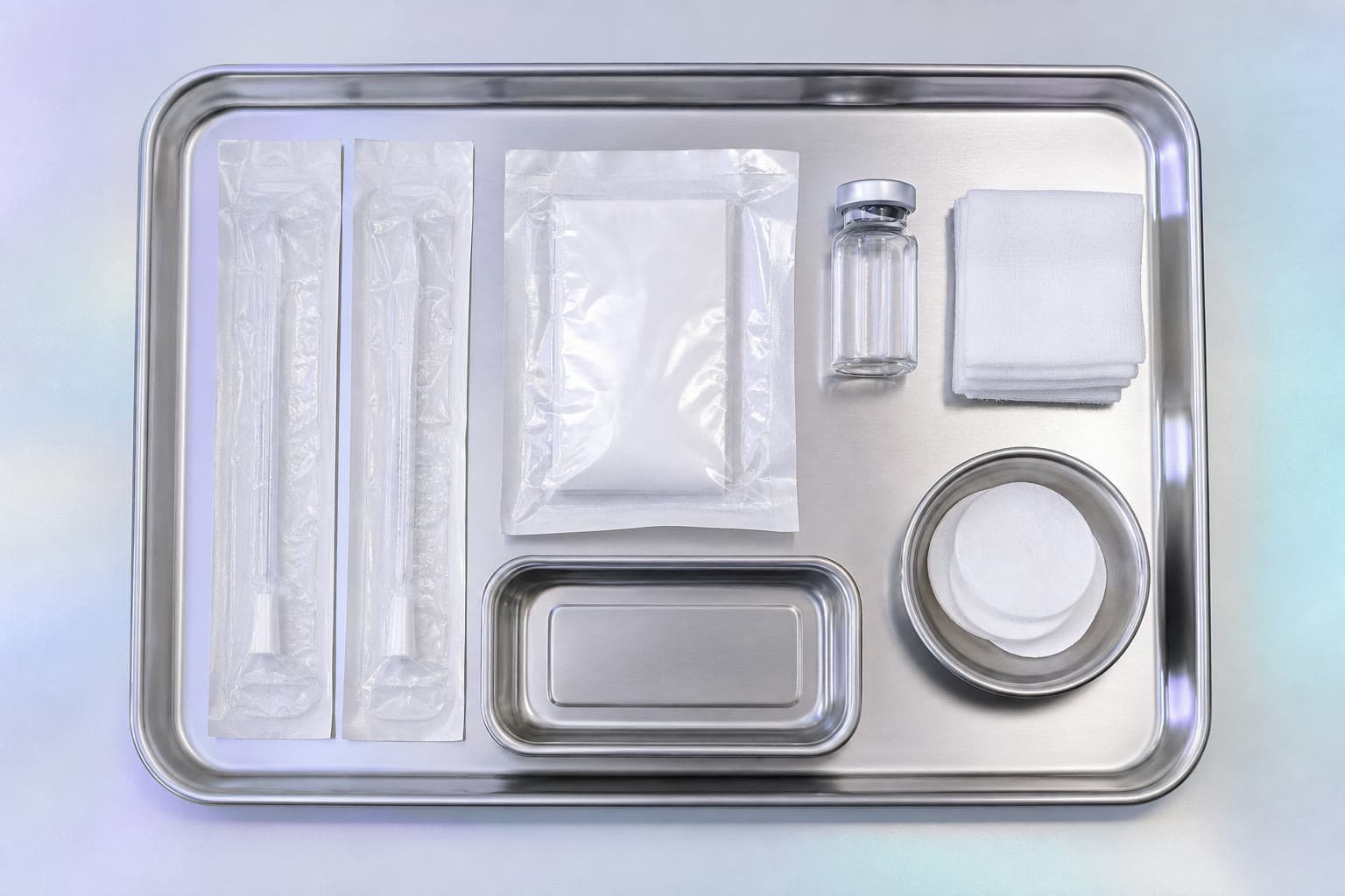 Sterile treatment tray with sealed packaging and clean supplies, flat-lay