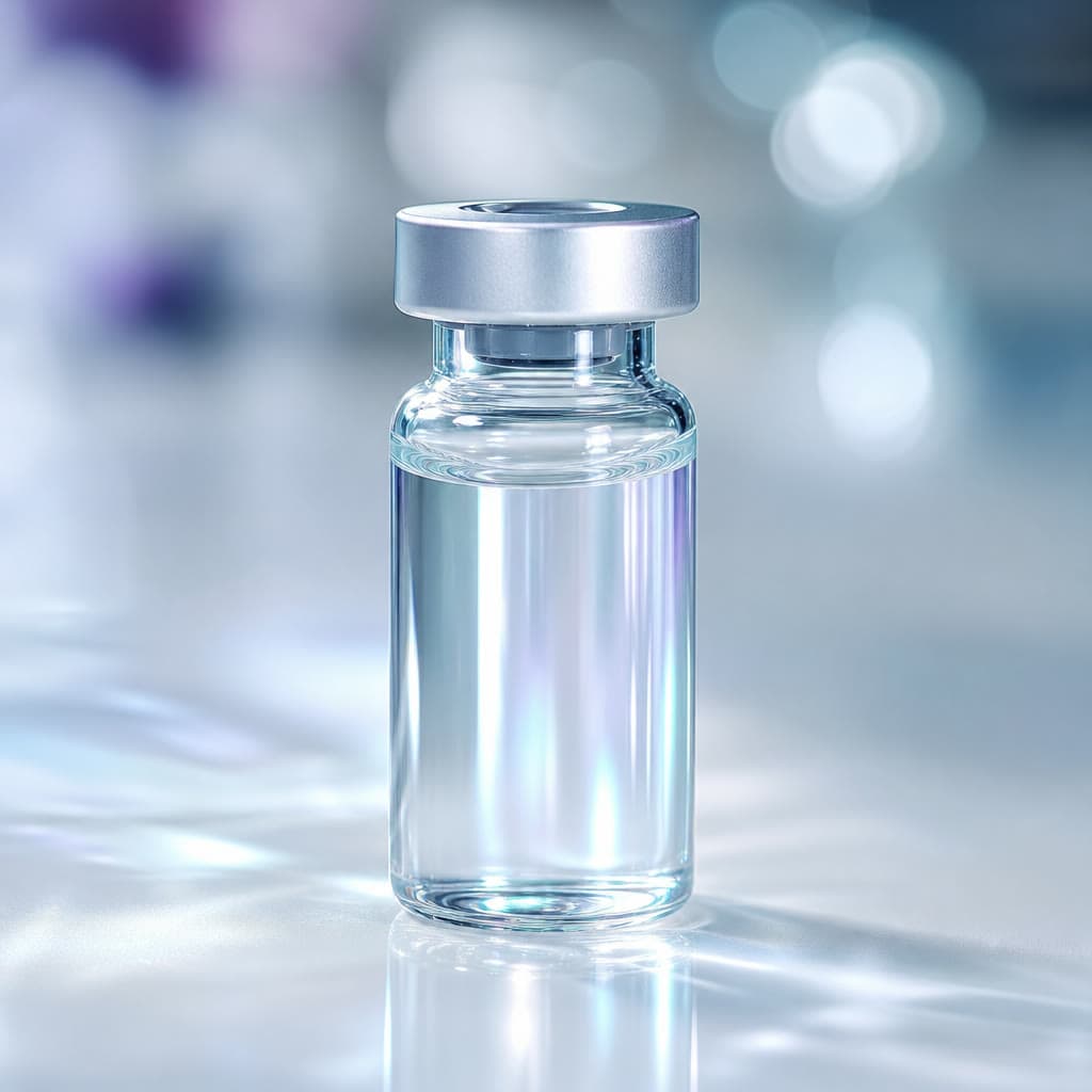 Macro close-up of a single clear glass serum vial with cool pearlescent reflections