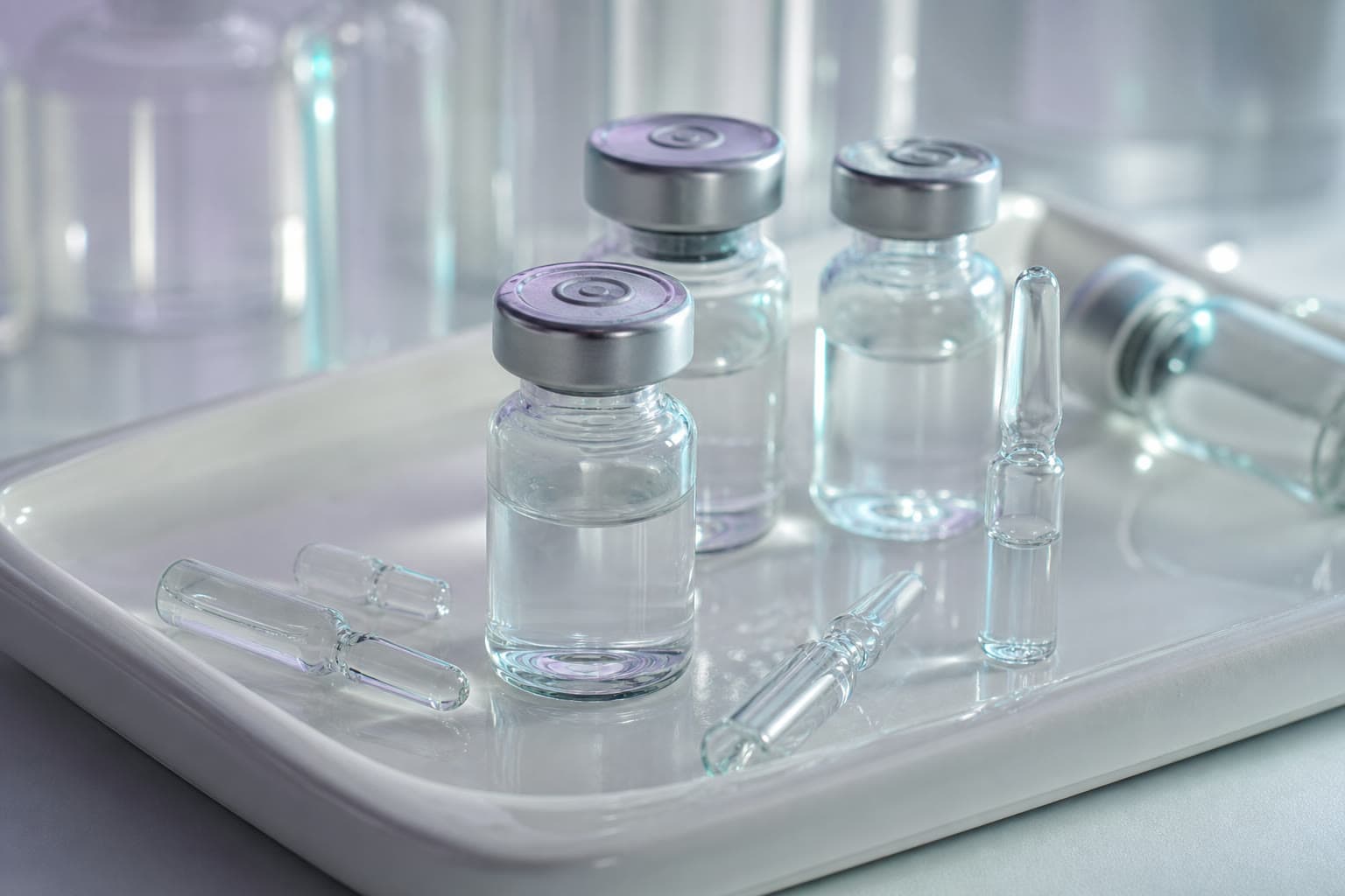 Clear glass serum vials and ampoules arranged on an ivory-toned clinical tray