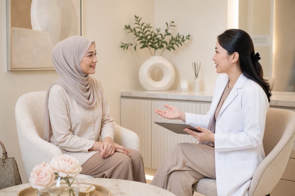 Unbranded treatment planning visual for Women's Aesthetic Wellness Consultation: cool ivory clinical editorial, no readable text